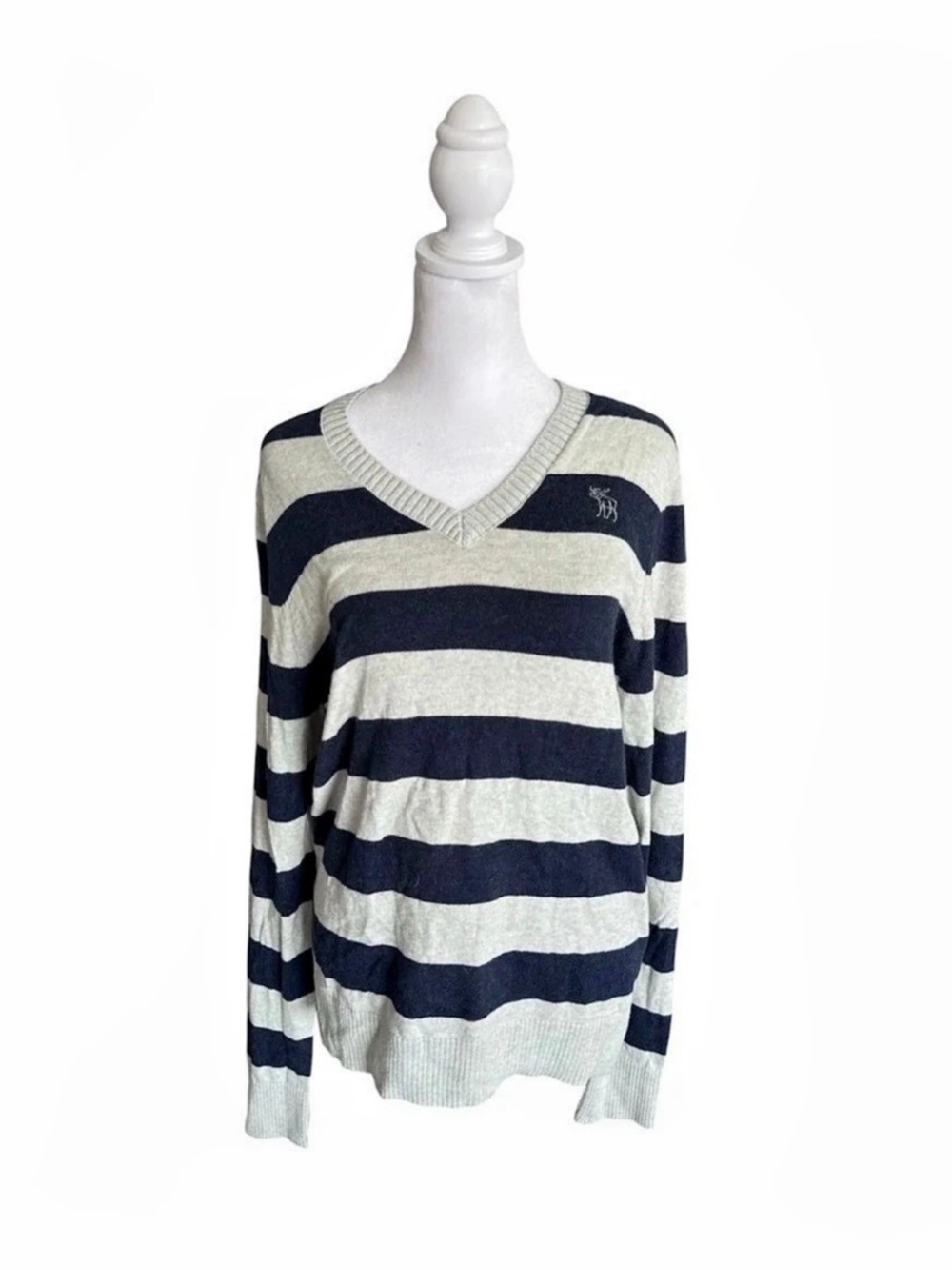 Abercrombie & Fitch Women's Striped V-Neck Sweater in Blue & Cream